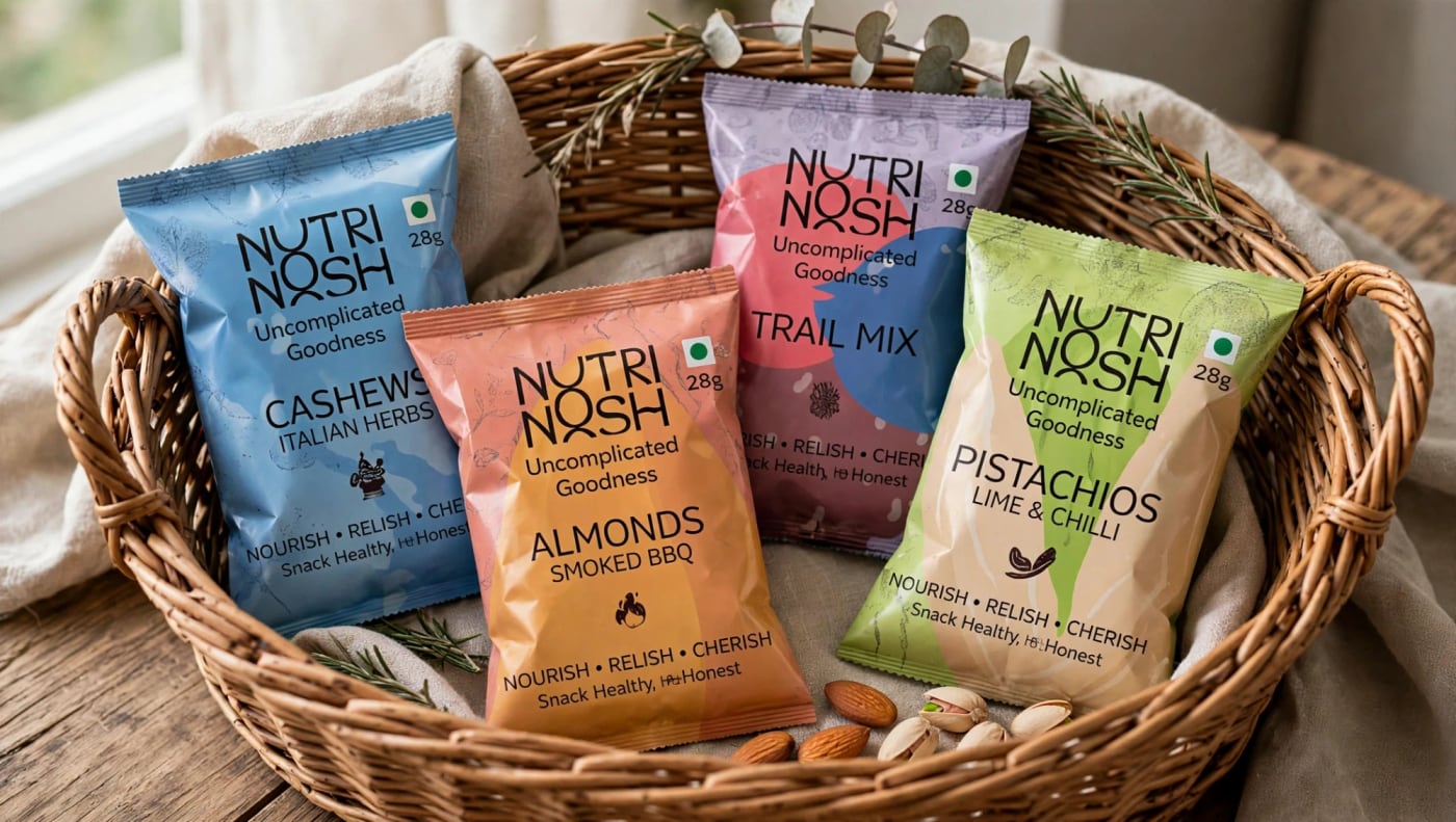 All four NutriNosh 28g varieties arranged in a wicker hamper basket